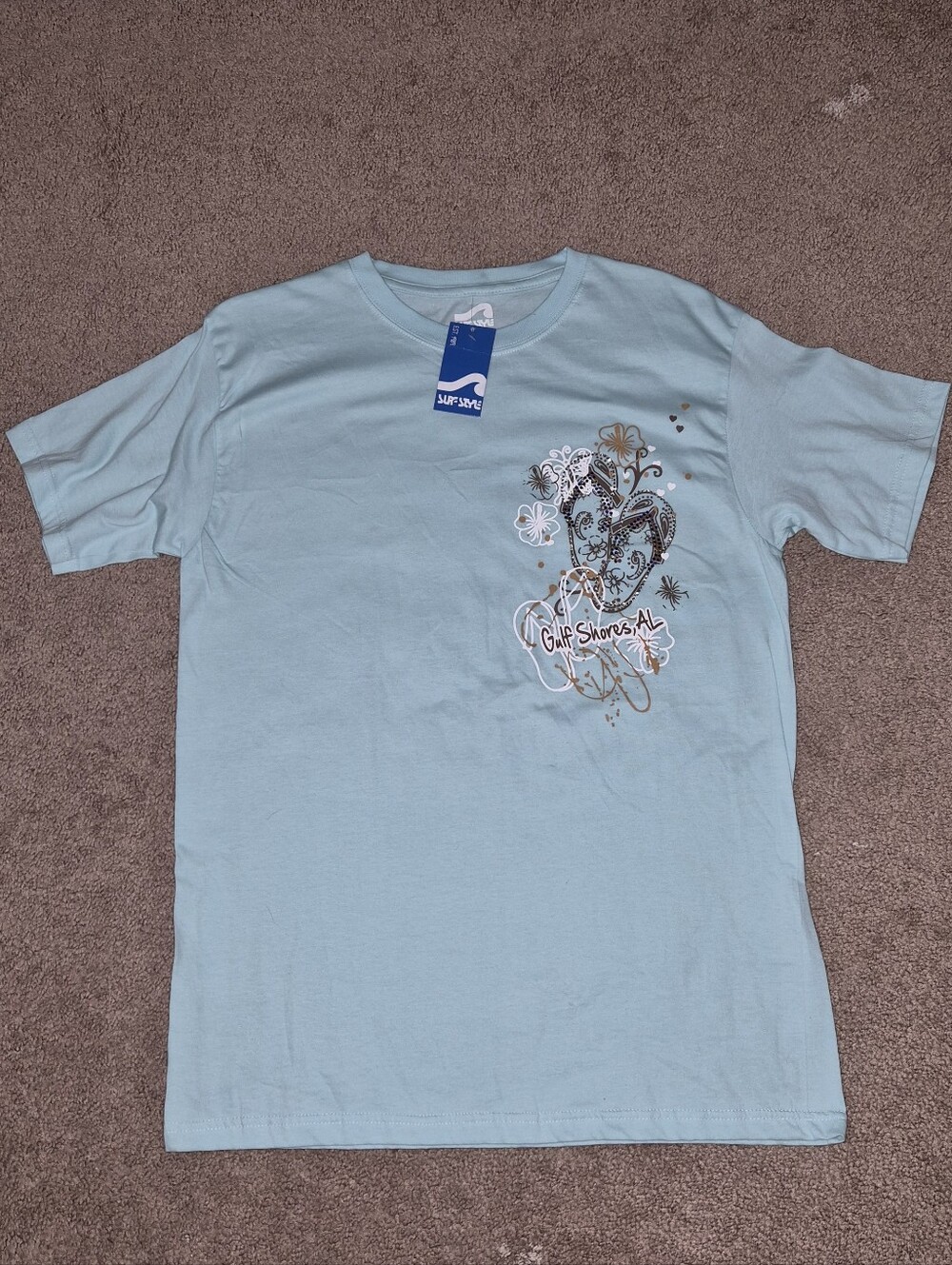 surf style Light Blue Gulf Shores AL Graphic Tee With Gems Size Medium
